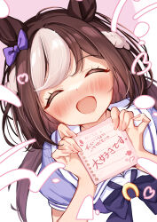 Rule 34 | 1girl, animal ears, blush, brown hair, closed eyes, confession, facing viewer, fingernails, heart, highres, holding, holding paper, horse ears, horse girl, horse tail, multicolored hair, open mouth, paper, saboten mushi, school uniform, short hair, short sleeves, smile, solo, special week (umamusume), tail, tracen school uniform, two-tone hair, umamusume, upper body, white hair