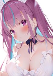 Rule 34 | 1girl, ahoge, aqua hair, bare shoulders, blue bow, blue bowtie, blush, bow, bowtie, braid, breasts, cleavage, closed mouth, collarbone, colored inner hair, commentary, commentary request, dress, frilled dress, frills, hair over shoulder, hairband, highres, hololive, long hair, looking at viewer, maid headdress, minato aqua, multicolored hair, pink hair, purple eyes, saki (saki paint), side braid, solo, streaked hair, two-tone hair, virtual youtuber, white background, white bow