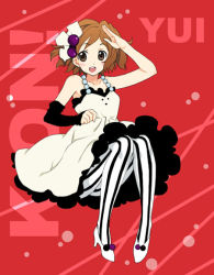 Rule 34 | 00s, 1girl, brown eyes, brown hair, don&#039;t say &quot;lazy&quot;, female focus, full body, gloves, hirasawa yui, k-on!, pantyhose, short hair, single glove, smile, solo, striped clothes, striped pantyhose, vertical-striped clothes, vertical-striped pantyhose, yano takumi