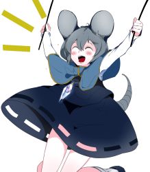 Rule 34 | 1girl, adapted costume, ahoge, animal ears, arms up, black footwear, black skirt, black vest, blush, capelet, clothes lift, diamond (gemstone), dowsing rod, closed eyes, grey hair, hair between eyes, happy, highres, ikurauni, jewelry, jumping, long sleeves, mouse ears, mouse tail, nazrin, open mouth, pendant, shirt, shoes, short hair, simple background, skirt, skirt lift, skirt set, smile, solo, tail, teeth, tongue, tongue out, touhou, vest, white background, white legwear, white shirt