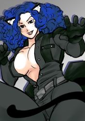 Rule 34 | 1girl, alternate costume, animal ears, black eyes, blue hair, breasts, cat ears, cat tail, cleavage, cleavage cutout, clothing cutout, curly hair, fang, fang out, female focus, gloves, highres, large breasts, long hair, looking at viewer, markings, military, military uniform, miss doublefinger, one piece, solo, tail, uniform