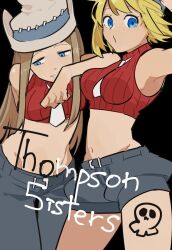 Rule 34 | 2girls, arm on another&#039;s shoulder, blonde hair, blue eyes, brown hair, character name, cowboy hat, cromo (temple-island-a), crop top, denim, denim shorts, elizabeth thompson, hat, jeans, long hair, looking at viewer, looking to the side, midriff, multiple girls, necktie, pants, patricia thompson, short hair, shorts, siblings, sisters, skull tattoo, smile, soul eater, white necktie