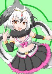 Rule 34 | 10s, 1girl, bad id, bad pixiv id, bow, bowtie, bracelet, breasts, circlet, cleavage, feathered wings, fur trim, greater rhea (kemono friends), grey hair, head wings, highres, japari symbol, jewelry, kemono friends, long hair, midriff, multicolored hair, navel, open mouth, scarf, solo, two-tone hair, white hair, wings, yamamoto rintarou