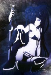 Rule 34 | 10s, 1girl, absurdres, artist request, asymmetrical hair, bare shoulders, belt, bikini, bikini top only, black bikini, black rock shooter, black rock shooter (character), blue eyes, blue hair, boots, breasts, cleavage, front-tie top, highres, knee boots, long hair, looking at viewer, matching hair/eyes, midriff, navel, nyantype, open mouth, pale skin, scan, short shorts, shorts, sitting, small breasts, solo, swimsuit, sword, torn clothes, twintails, weapon