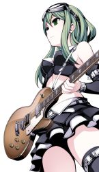 Rule 34 | 1girl, bare shoulders, belt, belt buckle, breasts, buckle, closed mouth, detached sleeves, electric guitar, expressionless, eyebrows, female focus, gibson, gibson les paul, goggles, goggles on head, green eyes, green hair, guitar, gumi, instrument, legs together, long hair, looking to the side, simple background, skirt, standing, thighhighs, torigoe takumi, vocaloid, white background, zettai ryouiki