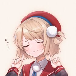 Rule 34 | 1girl, ahoge, beret, black jacket, blonde hair, blue ribbon, braid, closed eyes, collared shirt, hair ornament, hands up, hat, highres, indie virtual youtuber, jacket, light blush, neck ribbon, nowoka, pointing, pointing at self, pom pom (clothes), pom pom hair ornament, red headwear, red sailor collar, ribbon, sailor collar, shigure ui (vtuber), shigure ui (vtuber) (1st costume), shirt, short hair, sidelocks, simple background, single braid, single hair ring, sleeve cuffs, smile, sweat, translation request, v-shaped eyebrows, virtual youtuber, white shirt