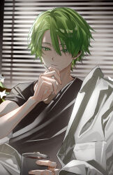 Rule 34 | 1boy, bishounen, black shirt, closed mouth, coffee cup, cup, daenarys, disposable cup, expressionless, finger to own chin, flower, green eyes, green hair, hair between eyes, hair over one eye, highres, holding, holding cup, indoors, jacket, lily (flower), looking at viewer, male focus, original, shirt, short hair, signature, sitting, solo, t-shirt, upper body, white flower, white jacket, window blinds