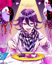 Rule 34 | 1boy, balloon, checkered clothes, checkered scarf, commentary request, cup, danganronpa (series), danganronpa v3: killing harmony, dated, drinking glass, fork, grey jacket, hair between eyes, happy birthday, highres, indoors, jacket, knife, long sleeves, looking at viewer, male focus, monokuma, open mouth, oma kokichi, plate, purple eyes, purple hair, scarf, smile, solo, straitjacket, table, teacup, tongue, tongue out, zuki (nakikitune)