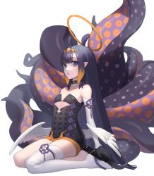 Rule 34 | 1girl, :o, bare shoulders, black dress, black gloves, blue eyes, blunt bangs, choker, clover print, collarbone, cutout above navel, detached sleeves, dress, feathered wings, flat chest, fur trim, gem (symbol), geta, gloves, halo, heart, heart print, highres, hololive, hololive english, long hair, looking at viewer, low wings, mole, mole under eye, multicolored hair, ninomae ina&#039;nis, ninomae ina&#039;nis (1st costume), okazaki sato, open mouth, purple hair, simple background, single thighhigh, sitting, streaked hair, tentacles, thighhighs, virtual youtuber, wariza, white background, white thighhighs, wings