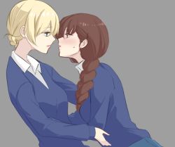 Rule 34 | 2girls, bad id, bad twitter id, blonde hair, blue eyes, blue skirt, blue sweater, blush, braid, brown eyes, brown hair, commentary request, darjeeling (girls und panzer), dress shirt, from side, fuji (fuji mount3333), girls und panzer, grey background, hair over shoulder, hug, imminent kiss, leaning back, leaning forward, light smile, lips, long hair, long sleeves, looking at another, multiple girls, no neckwear, parted lips, pleated skirt, rukuriri (girls und panzer), school uniform, shirt, short hair, simple background, single braid, skirt, st. gloriana&#039;s school uniform, standing, sweat, sweater, v-neck, white shirt, yuri