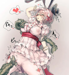 Rule 34 | animal ears, arm up, bee (deadflow), blouse, blush, breasts, clitoral stimulation, closed eyes, covered erect nipples, crotch seam, flower, frilled sleeves, frills, glasses, gloves, hair flower, hair ornament, hat, heart, highres, large breasts, legs apart, mini hat, mini top hat, nose blush, panties, panties under pantyhose, pantyhose, pink hair, plant, puffy short sleeves, puffy sleeves, pussy juice, pussy juice stain, rabbit ears, red-framed eyewear, sash, semi-rimless eyewear, shirt, short hair, short sleeves, skirt, solo, speech bubble, spoken heart, tentacles, top hat, tree of savior, under-rim eyewear, underwear, wet, wet clothes, wet panties, white flower, white gloves, white pantyhose, white shirt, white skirt
