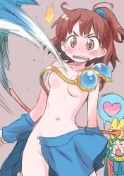 Rule 34 | 1girl, areola slip, arle nadja, armor, blood, blue skirt, blush, breasts, brown eyes, brown hair, carbuncle (puyopuyo), censored, convenient censoring, creature, green hair, heart, highres, horns, isedaichi ken, long hair, madou monogatari, navel, no panties, nosebleed, open clothes, open mouth, open skirt, puyopuyo, satan (puyopuyo), short hair, skirt, smile, surprised, tongue, tongue out, unbuttoned, unfastened, unworn clothes