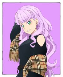 Rule 34 | 1girl, :d, alternate costume, arm at side, black sweater, blunt bangs, border, braid, breasts, brown scarf, clothing cutout, colored eyelashes, commentary, from side, green eyes, grin, hand on own head, highres, inset border, long hair, long sleeves, looking at viewer, looking to the side, love live!, love live! superstar!!, medium breasts, open mouth, outside border, pink background, pink hair, plaid, plaid scarf, sano keiichi, scarf, shoulder cutout, side braids, simple background, smile, solo, sweater, upper body, wavy hair, white border, wien margarete