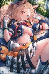 Rule 34 | 1girl, animal ears, archetto (arknights), archetto (publicity strategy) (arknights), arknights, blonde hair, blouse, blue eyes, blue shirt, boots, breasts, cleavage, closed mouth, fingerless gloves, gloves, hands up, heterochromia, highres, idol, large breasts, long hair, looking at viewer, lying, miniskirt, navel, no bra, official alternate hairstyle, on back, open clothes, open shirt, red eyes, shirt, short sleeves, skirt, smile, snm (sunimi), solo, stomach, thighs, white footwear, white gloves, white skirt
