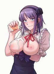 Rule 34 | 1girl, 2022, absurdres, arm under breasts, blush, bow, breast hold, breasts, breasts out, dagashi kashi, eyelashes, hair bow, highres, large breasts, looking at viewer, medium hair, nipples, no bra, open clothes, purple eyes, purple hair, sexually suggestive, shidare hotaru, smile, solo, suggestive fluid, teasing, tff