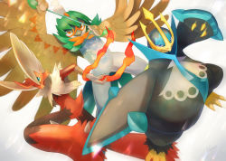 Rule 34 | arrow (projectile), blaziken, blue eyes, claws, colored sclera, commentary request, creatures (company), decidueye, empoleon, eye trail, game freak, gen 3 pokemon, gen 4 pokemon, gen 7 pokemon, glowing, glowing eyes, kikuyoshi (tracco), legs apart, light trail, looking at viewer, mega blaziken, mega pokemon, nintendo, orange eyes, pokemon, pokemon (creature), signature, simple background, white background, yellow sclera