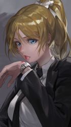 Rule 34 | 10s, 1girl, alternate costume, ayase eli, blonde hair, blue eyes, dress shirt, earrings, formal, hand up, jewelry, lipstick, looking at viewer, love live!, love live! school idol project, makeup, modare, pant suit, pants, parted lips, ponytail, red lips, shirt, short hair, solo, suit, upper body, watch, white shirt, wristwatch