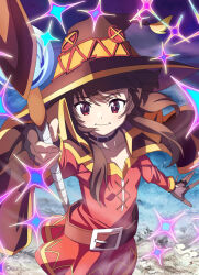 Rule 34 | 1girl, belt, black cape, blush, breasts, brown hair, button eyes, buttons, cape, commission, derivative work, dress, fingerless gloves, gloves, hat, holding, holding staff, kono subarashii sekai ni shukufuku wo!, long hair, looking at viewer, megumin, outdoors, red dress, red eyes, short hair with long locks, single thighhigh, small breasts, smile, solo, staff, thighhighs, witch hat, yuuri-622