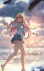 Rule 34 | 1girl, :d, ass, barefoot, beach, blonde hair, breast pocket, breasts, choker, ear piercing, highres, jewelry, kitagawa marin, long hair, looking back, medium breasts, multicolored hair, open mouth, outdoors, piercing, pocket, red eyes, school uniform, smile, solar (happymonk), solo, sono bisque doll wa koi wo suru