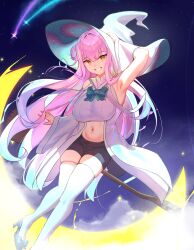 1girl alternate_costume arm_up armpits blue_archive breasts broom cloud comet crescent_moon full_body grin hat high_heels highres huge_breasts linear_71 midriff mika_(blue_archive) moon navel night pink_hair shirt short_shorts shorts sleeveless sleeveless_shirt smile solo thighhighs white_shirt witch witch_hat yellow_eyes zettai_ryouiki