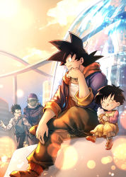 Rule 34 | 1girl, 3boys, black hair, casual, child, commentary request, crossed legs, dragon ball, dragon ball super, eating, father and son, food, food on face, fountain, grandfather and granddaughter, highres, holding, holding food, hood, hoodie, ice cream, mattari illust, multiple boys, namekian, pan (dragon ball), piccolo, pointy ears, semi-rimless eyewear, sitting, son gohan, son goku, spiked hair, standing, sweatdrop, tongue, tongue out, twitter username