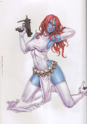 Rule 34 | 1girl, :d, absurdres, adjusting hair, animification, arm behind head, armpits, bare shoulders, belt, blue skin, boots, breasts, character name, colored sclera, colored skin, covered navel, dress, elbow gloves, full body, gloves, gun, hair ornament, head tilt, high heel boots, high heels, highleg, highres, holding, kneeling, kotobukiya bishoujo, large breasts, lips, lipstick, long hair, looking at viewer, machine pistol, makeup, marvel, mature female, micro uzi, mystique, naughty face, no bra, no panties, non-web source, open mouth, parted lips, pelvic curtain, raven darkholme, red hair, shirt, shoes, side slit, sideboob, simple background, skin tight, skull, smile, solo, spread legs, submachine gun, taut clothes, taut shirt, thigh boots, thighhighs, thighs, trigger discipline, turtleneck, uzi, weapon, white background, white eyes, white footwear, white gloves, white thighhighs, x-men, yamashita shun&#039;ya, yellow sclera