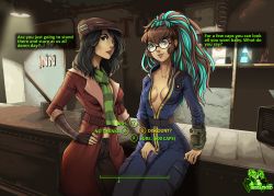 Rule 34 | 2girls, aqua hair, arm support, artist name, artist self-insert, belt, beret, black-framed eyewear, black hair, blue hair, breasts, brown eyes, brown hair, bulge, center opening, cleavage, clock, coat, collarbone, covered erect nipples, crotch grab, english text, fake screenshot, fallout (series), fallout 4, fingerless gloves, futanari, gameplay mechanics, glasses, gloves, hand on own hip, hat, high ponytail, hizzacked, hizzy (hizzacked), indoors, jumpsuit, lights, lips, long hair, looking at viewer, multicolored hair, multiple girls, no bra, open clothes, original, parted lips, piper wright, ponytail, radio, scarf, short hair, sitting, small breasts, sole survivor (female), standing, striped, trench coat, two-tone hair, unzipped, vault jumpsuit (fallout 4), vault suit, wavy hair