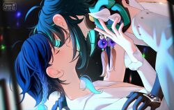 Rule 34 | 2boys, androgynous, bead necklace, beads, black gloves, black hair, blue hair, braid, detached sleeves, deymara, frilled sleeves, frills, genshin impact, gloves, gradient hair, green hair, highres, jewelry, kiss, male focus, multicolored hair, multiple boys, necklace, short hair with long locks, shoulder spikes, single detached sleeve, spikes, tassel, twin braids, venti (genshin impact), xiao (genshin impact), yaoi