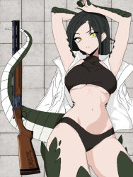 Rule 34 | 1girl, absurdres, arms up, black hair, breasts, floor, gun, highres, lizard tail, looking at viewer, lying, medium breasts, monster girl, navel, on back, panties, parted lips, reptile girl, scales, scp-682, scp foundation, solo, tail, underboob, underwear, weapon, yellow eyes