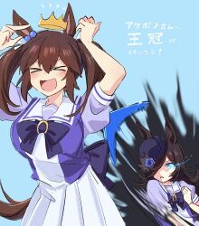 Rule 34 | &gt; &lt;, 2girls, animal ears, arms up, blue background, blush, boomerang, bow, bowtie, breasts, brown hair, crown, ear ornament, eye trail, glint, hair over one eye, hat, highres, hishi akebono (umamusume), horse ears, horse girl, horse tail, kashu ri, light trail, long hair, looking at another, medium breasts, multiple girls, notice lines, open mouth, pointing, puffy short sleeves, puffy sleeves, purple shirt, rice shower (umamusume), sailor collar, school uniform, shirt, short sleeves, skirt, smile, speed lines, tail, throwing, tracen school uniform, translation request, twintails, umamusume, white skirt