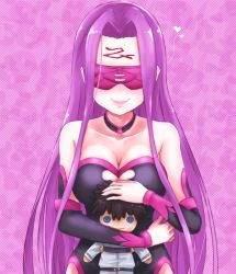 Rule 34 | 1girl, bare shoulders, blindfold, blush, breasts, character doll, choker, cleavage, cleavage cutout, clothing cutout, detached sleeves, facial mark, fate/grand order, fate (series), fmg, forehead mark, fujimaru ritsuka (male), heart, highres, hip vent, large breasts, long hair, medusa (fate), medusa (rider) (fate), medusa (rider) (third ascension) (fate), purple hair, smile, solo, spoken heart, very long hair