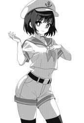 Rule 34 | 1girl, anchor symbol, bright pupils, closed mouth, cowboy shot, greyscale, hand up, hat, looking at viewer, midriff, monochrome, murasa minamitsu, neckerchief, onkn sxkn, peaked cap, sailor collar, sailor shirt, shirt, short hair, short sleeves, shorts, simple background, smile, solo, thighhighs, touhou, white background