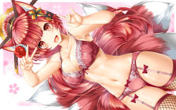 Rule 34 | 1girl, :d, animal ears, arm up, bow, bow bra, bow panties, bra, breasts, cleavage, commission, fishnet thighhighs, fishnets, floral background, flower, fox ears, fox girl, fox shadow puppet, fox tail, garter straps, gradient background, hair flower, hair ornament, hand up, highres, kamiya tomoe, kitsune, lingerie, long hair, medium breasts, navel, open mouth, original, panties, pink background, pixiv commission, red bow, red bra, red eyes, red flower, red hair, red panties, red rose, rose, smile, solo, tail, thighhighs, underwear, underwear only, v, very long hair, virtual youtuber, white background