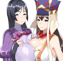 Rule 34 | 2girls, anoshabu, bare shoulders, bead necklace, beads, bikini, black gloves, blush, bodysuit, breast press, breasts, brown hair, cleavage, closed mouth, collarbone, earrings, elbow gloves, fate/grand order, fate (series), fingerless gloves, gloves, hair between eyes, hat, headdress, highres, hoop earrings, huge breasts, jewelry, large breasts, long hair, looking at viewer, minamoto no raikou (fate), multiple girls, necklace, parted bangs, prayer beads, purple bodysuit, purple eyes, purple hair, ribbed sleeves, simple background, smile, swimsuit, symmetrical docking, very long hair, vest, white background, white bikini, white vest, xuangzang sanzang (fate)