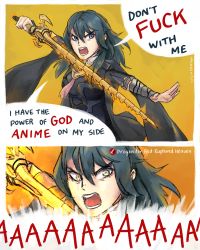 Rule 34 | 1girl, 2koma, blue eyes, blue hair, byleth (female) (fire emblem), byleth (fire emblem), comic, commentary, english commentary, english text, final smash, fire emblem, fire emblem: three houses, highres, lividkiwi, long hair, meme, nintendo, open mouth, profanity, screaming, solo, super smash bros., sword, weapon, yellow background