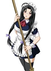 Rule 34 | 1girl, ahoge, alternate costume, black hair, black thighhighs, breasts, broom, enmaided, female focus, glasses, ikkitousen, kaku bunwa, large breasts, long hair, looking at viewer, maid, maid headdress, red eyes, simple background, smile, solo, thighhighs, twintails, white background, wrist cuffs