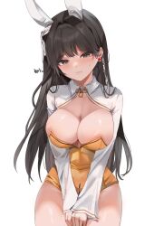 Rule 34 | 1girl, absurdres, animal ears, black eyes, black hair, blush, breasts, character request, check copyright, cleavage, closed mouth, commentary, copyright request, cowboy shot, crotch zipper, dolechan, dungeon and fighter, earrings, english commentary, fake animal ears, female priest (dungeon and fighter), hair ornament, highres, jewelry, korean commentary, large breasts, leotard, long hair, long sleeves, looking at viewer, mixed-language commentary, mole, mole on breast, playboy bunny, rabbit ears, shaman (dungeon and fighter), shrug (clothing), simple background, solo, white background, yellow leotard, zipper