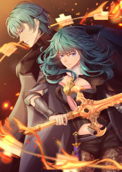 Rule 34 | 1boy, 1girl, absurdres, arm guards, armor, back-to-back, black armor, black cape, black gloves, black pants, black shirt, black shorts, blue eyes, blue hair, breasts, brown pantyhose, byleth (female) (fire emblem), byleth (fire emblem), byleth (male) (fire emblem), cape, cleavage cutout, clothing cutout, dagger, detached collar, elbow pads, eyebrows hidden by hair, fire emblem, fire emblem: three houses, gauntlets, gloves, grey background, hair between eyes, heroes relic (fire emblem), highres, holding, holding sword, holding weapon, knife, long sleeves, looking back, medium breasts, medium hair, navel, navel cutout, nintendo, pants, pantyhose, patterned clothing, shirt, short hair, short shorts, shorts, shoulder armor, sidelocks, simple background, standing, sword, sword of the creator, vaniraa, weapon