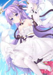 Rule 34 | 1girl, azur lane, bare shoulders, blue sky, bouquet, breasts, chinese commentary, cleavage, closed mouth, cloud, collarbone, commentary request, detached sleeves, dress, flower, hair bun, hair flower, hair ornament, hair ribbon, high heels, highres, kana (kuaua), long hair, long sleeves, pantyhose, puffy long sleeves, puffy sleeves, purple eyes, purple hair, purple ribbon, ribbon, rose, sash, side bun, sidelocks, single hair bun, single side bun, sky, small breasts, smile, solo, stuffed winged unicorn, unicorn (a dream of pure vows) (azur lane), unicorn (azur lane), very long hair, wedding dress, white dress, white footwear, white pantyhose