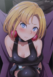 Rule 34 | 1girl, bad id, bad pixiv id, bare shoulders, black gloves, black thighhighs, blonde hair, blush, bottomless, breasts, cleavage, closed mouth, collarbone, commentary request, convenient censoring, crossed arms, crossed legs, earrings, elbow gloves, gloves, jewelry, junketsu no maria, kanden sky, looking at viewer, maria (junketsu no maria), medium breasts, shirt, sitting, sleeveless, sleeveless shirt, solo, thighhighs