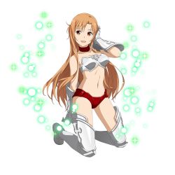 Rule 34 | 1girl, :d, armor, armored boots, asuna (sao), bikini armor, boots, breasts, brown eyes, brown hair, choker, cleavage, collarbone, floating hair, full body, gauntlets, gluteal fold, hand in own hair, highres, kneeling, long hair, looking at viewer, medium breasts, midriff, navel, official art, open mouth, red shorts, short shorts, shorts, small breasts, smile, solo, sparkle, strapless, sword art online, thigh boots, thighhighs, transparent background, very long hair