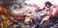 Rule 34 | 2girls, absurdres, armor, blue eyes, breasts, cleavage, closed mouth, cloud, cloudy sky, earrings, electricity, fire, highres, holding, holding sword, holding weapon, honkai (series), honkai impact 3rd, horns, japanese armor, jewelry, katana, kiana kaslana, kiana kaslana (herrscher of flamescion), long hair, looking at another, meltyrice, multiple girls, ponytail, purple eyes, purple hair, raiden mei, raiden mei (herrscher of thunder), sky, sword, thighhighs, weapon, white hair, white thighhighs