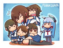 Rule 34 | 10s, 6+girls, = =, black legwear, blunt bangs, braid, brown hair, check commentary, chibi, closed eyes, clothes grab, commentary request, deformed, dress, fubuki (kancolle), gradient background, hair ribbon, hatsuyuki (kancolle), isonami (kancolle), jitome, kantai collection, long hair, looking at another, looking at viewer, lying on lap, messy hair, miyuki (kancolle), multiple girls, murakumo (kancolle), musical note, odd one out, open mouth, pantyhose, rariatto (ganguri), ribbon, sailor dress, school uniform, shirayuki (kancolle), short eyebrows, short hair, short ponytail, sitting, sitting on lap, sitting on person, spoken musical note, tress ribbon, twin braids