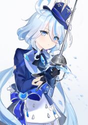 Rule 34 | 1girl, absurdres, ascot, black ascot, black gloves, blue eyes, blue gemstone, blue hair, blue hat, closed mouth, fairfunny, furina (genshin impact), gem, genshin impact, gloves, hair between eyes, hat, highres, holding, holding sword, holding weapon, light blue hair, long sleeves, rapier, short hair, solo, sword, top hat, water, weapon