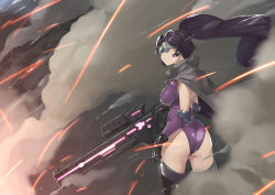 Rule 34 | 1girl, ass, boots, breasts, cloak, commentary request, cowboy shot, from behind, girls&#039; frontline, gloves, gun, head-mounted display, headgear, holding, holding gun, holding weapon, jaeger (girls&#039; frontline), large breasts, leotard, long hair, ponytail, purple hair, purple leotard, rifle, sangvis ferri, science fiction, smoke, sniper rifle, solo, thigh boots, thighhighs, twin (tt lsh), weapon