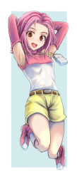 Rule 34 | 1girl, :d, armpits, arms behind head, belt, boots, breasts, brown eyes, detached sleeves, digimon, full body, streaked hair, highres, jumping, long sleeves, looking at viewer, multicolored hair, open mouth, pink footwear, pink sleeves, red hair, shirt, short hair, short shorts, shorts, sleeveless, sleeveless shirt, small breasts, smile, solo, tachikawa mimi, toriatto gununu, yellow shorts