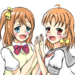 Rule 34 | 2girls, artist name, artist request, blue eyes, blush, bow, bowtie, braid, breasts, collarbone, collared shirt, detached sleeves, female focus, fingers together, grey sailor collar, hair between eyes, hair ornament, hairclip, highres, index fingers together, kosaka honoka, looking at viewer, love live!, love live! school idol project, love live! sunshine!!, medium breasts, multiple girls, orange hair, otonokizaka school uniform, parted lips, ponytail, red bow, red bowtie, red eyes, ribbon, sailor collar, school uniform, shirt, short hair, short ponytail, short sleeves, side ponytail, single braid, smile, striped, striped bow, sweater vest, takami chika, tie clip, upper body, uranohoshi school uniform, vest, white background, white shirt, yellow bow, yellow vest