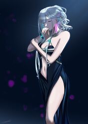 Rule 34 | 1girl, absurdres, ak-12 (girls&#039; frontline), ak-12 (quiet azure) (girls&#039; frontline), aqua dress, arm up, artist name, bare shoulders, bracelet, breasts, cleavage, closed eyes, commentary, dress, earrings, feet out of frame, gincho, girls&#039; frontline, grey hair, hand on own elbow, highres, jewelry, long hair, medium breasts, navel, official alternate costume, ponytail, ring, simple background, solo, standing, thighs