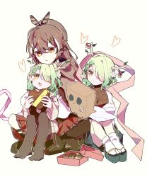 Rule 34 | 3girls, ahoge, antlers, bird, blush, boots, box, branch, brown capelet, brown cloak, brown eyes, brown hair, capelet, ceres fauna, cloak, cuddling, feather hair ornament, feathers, flower, friend (nanashi mumei), geta, gift, gift box, green hair, hair flower, hair ornament, hair over one eye, heart, heart-shaped box, highres, hololive, hololive english, horns, japanese clothes, kimono, limiter (tsukumo sana), little roseus, long hair, mole, mole under eye, mouse (animal), multiple girls, mushroom, nanashi mumei, owl, pink kimono, ponytail, red skirt, ribbon, sash, siblings, skirt, sweater, tabi, thigh strap, thighhighs, twins, virtual youtuber, wide sleeves, yellow eyes