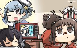 Rule 34 | 3girls, :3, :d, antenna hair, bespectacled, blue hair, blush, brown eyes, brown hair, commentary request, dated, double bun, fang, from behind, glasses, grey hair, hair bun, hamu koutarou, hat, hat ornament, highres, kantai collection, multiple girls, naka (kancolle), nissin cup noodle, one eye closed, open mouth, red-framed eyewear, remodel (kantai collection), rimless eyewear, samuel b. roberts (kancolle), single hair bun, sitting, sleeping, smile, sparkle, star (symbol), star hat ornament, television, tokitsukaze (kancolle), track suit, translation request